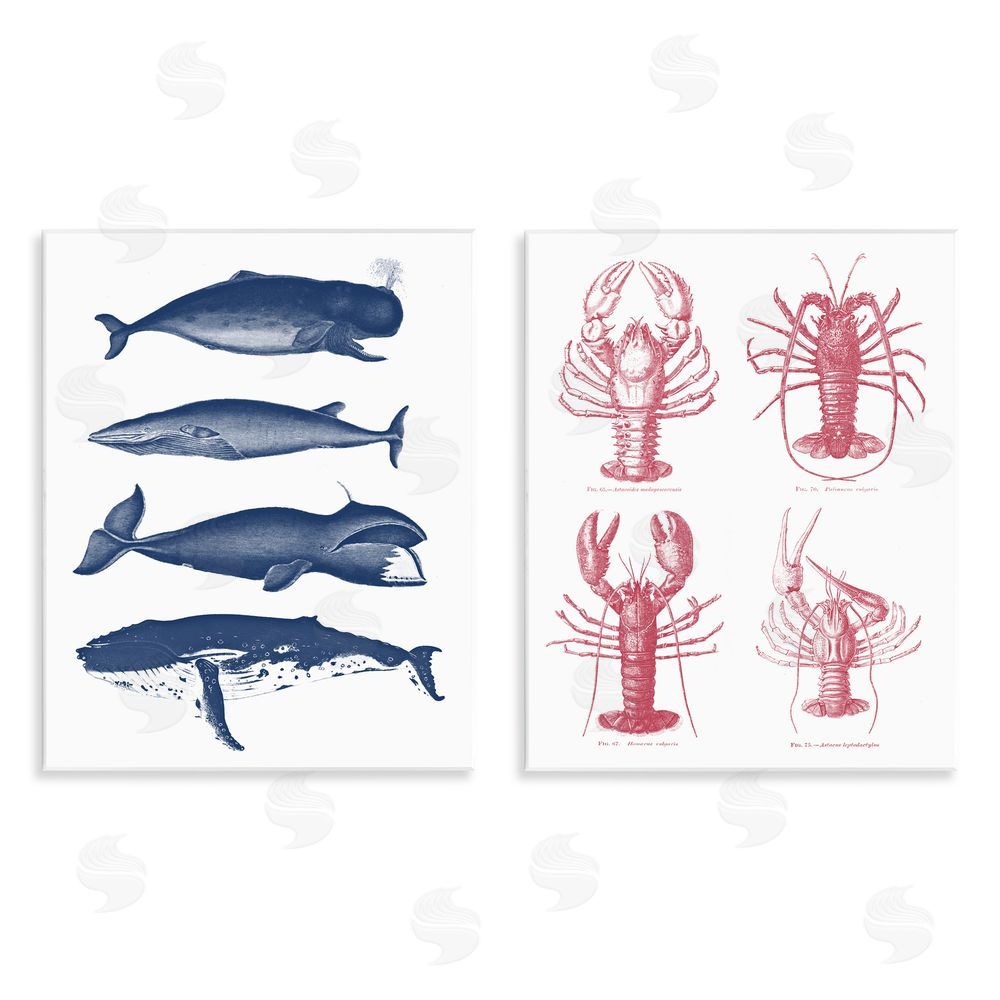 Lettered and Lined Marine Whales & Lobsters Wooden Wall Plaque Art Print