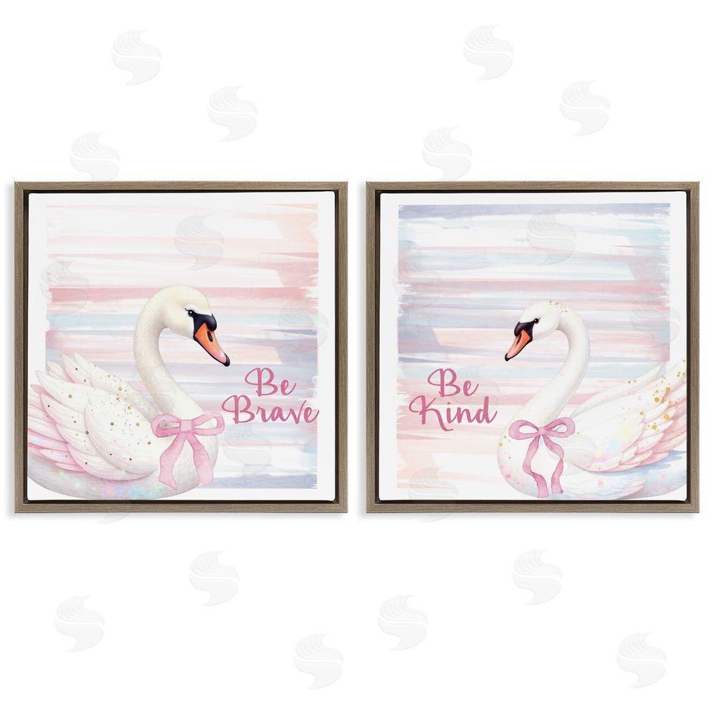 Kim Allen Be Brave & Kind Pastel Swan Brown Floating Frame Canvas Wall Art Print