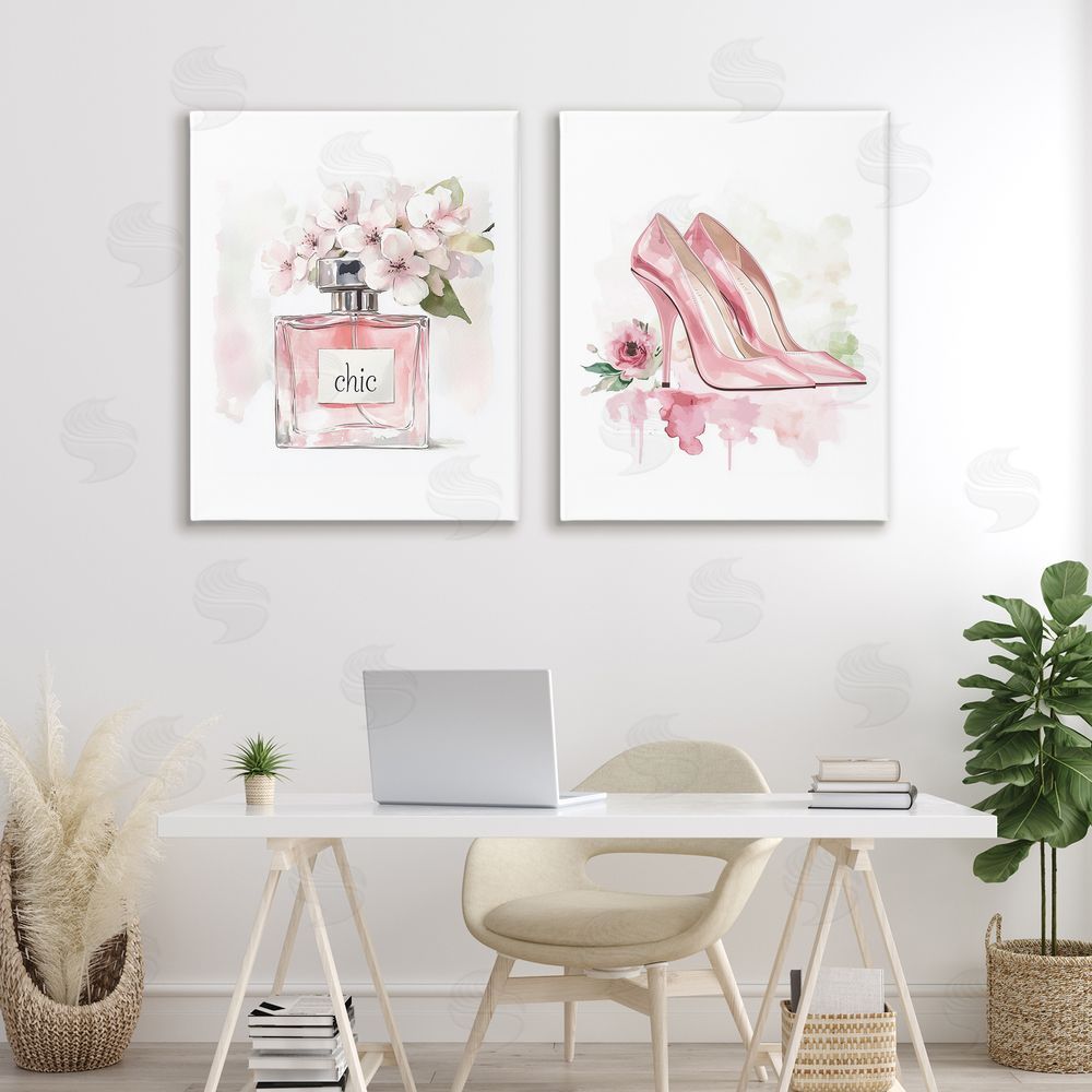 Christine Simpson Art Rosy Pastel Perfume & Heels Stretched Canvas Wall Art Print in Room