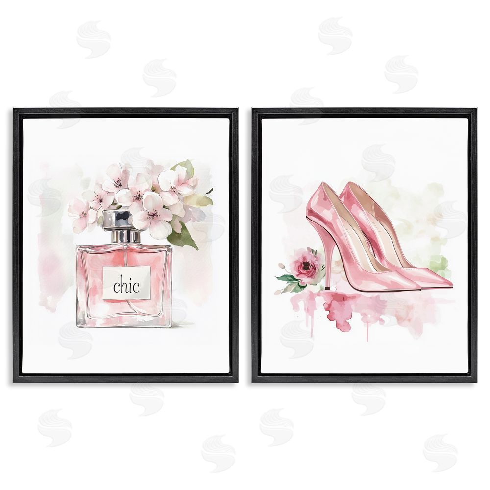 Christine Simpson Art Rosy Pastel Perfume & Heels Black Floating Frame Canvas Wall Art Print