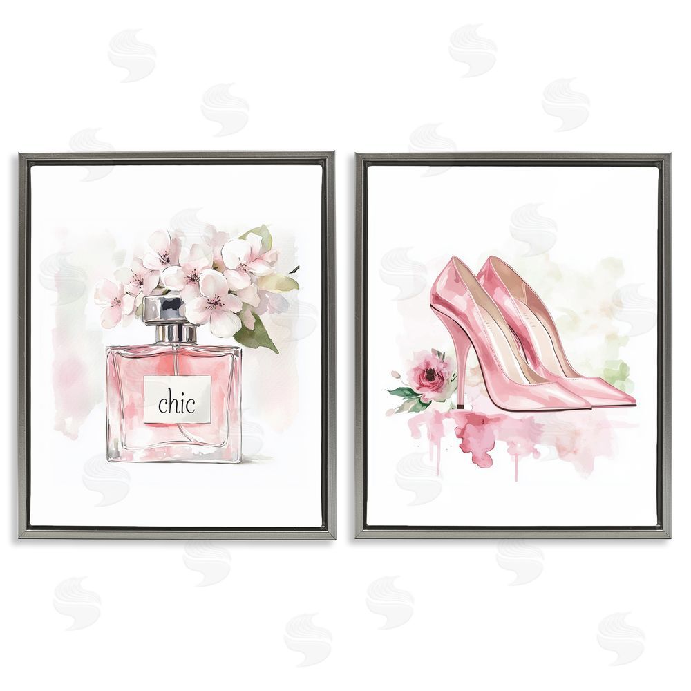 Christine Simpson Art Rosy Pastel Perfume & Heels Gray Floating Frame Canvas Wall Art Print