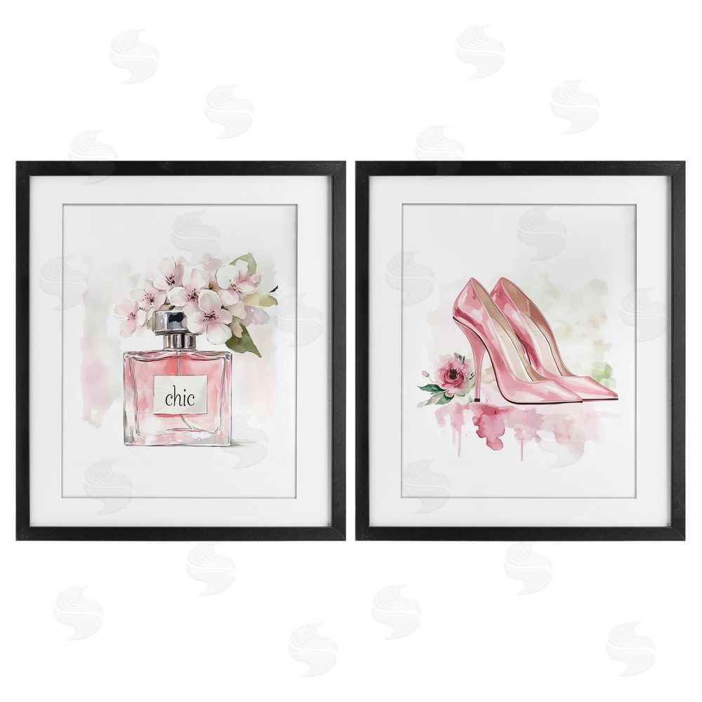 Christine Simpson Art Rosy Pastel Perfume & Heels Black Framed Print Under Glass Wall Art