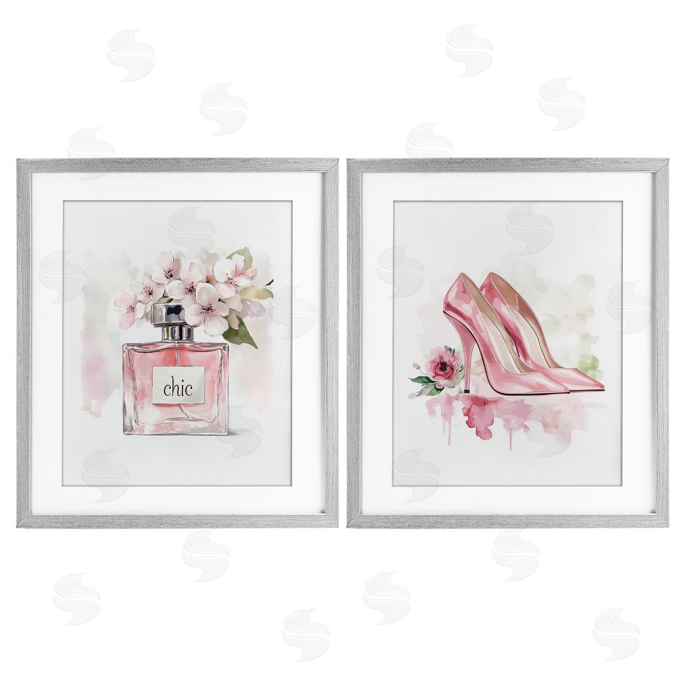 Christine Simpson Art Rosy Pastel Perfume & Heels Gray Framed Print Under Glass Wall Art
