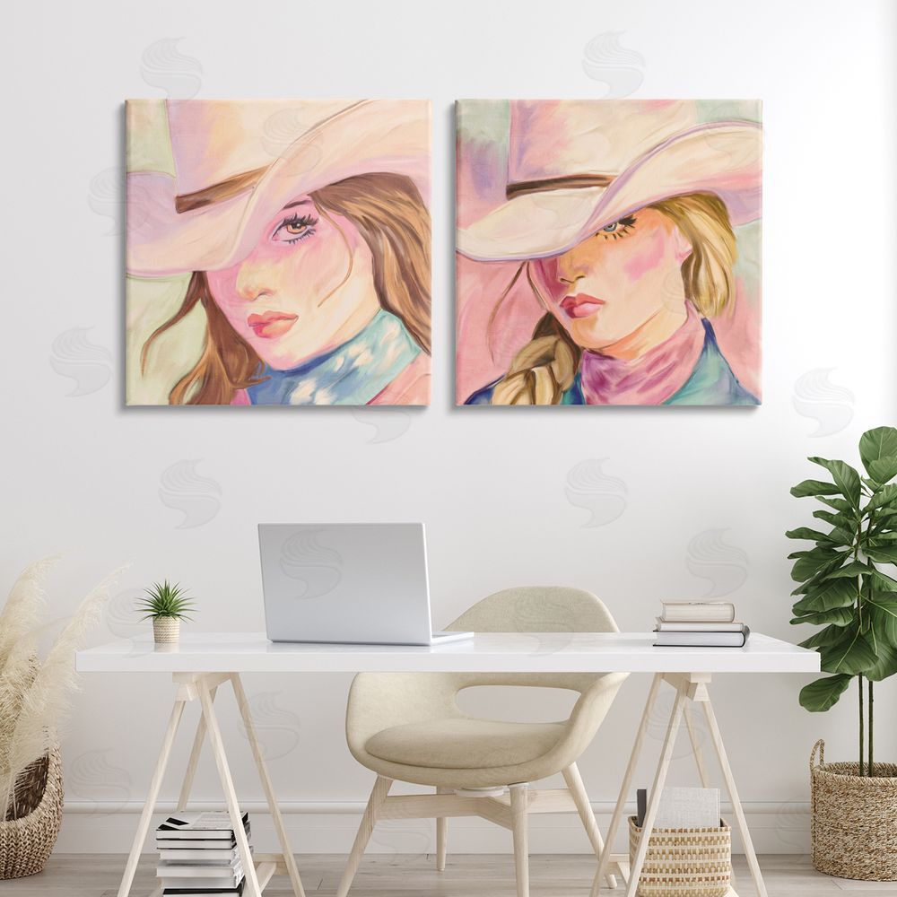 Kim Allen Pastel Cowgirls Gazing Stretched Canvas Wall Art Print in Room