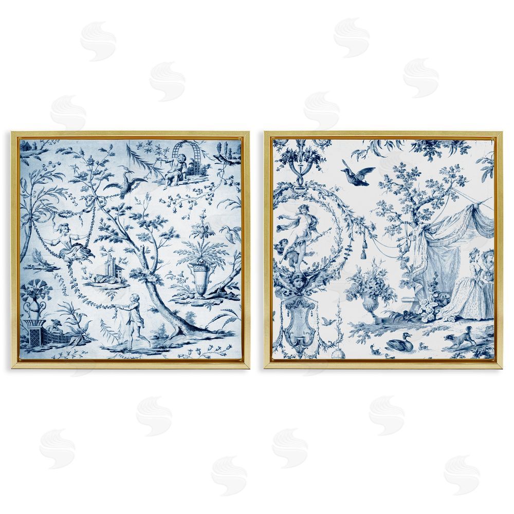 Vintage Hustle Intricate Toile Scenery Gold Floating Frame Canvas Wall Art Print