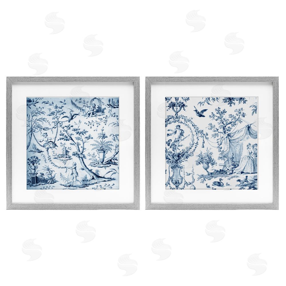 Vintage Hustle Intricate Toile Scenery Gray Framed Print Under Glass Wall Art