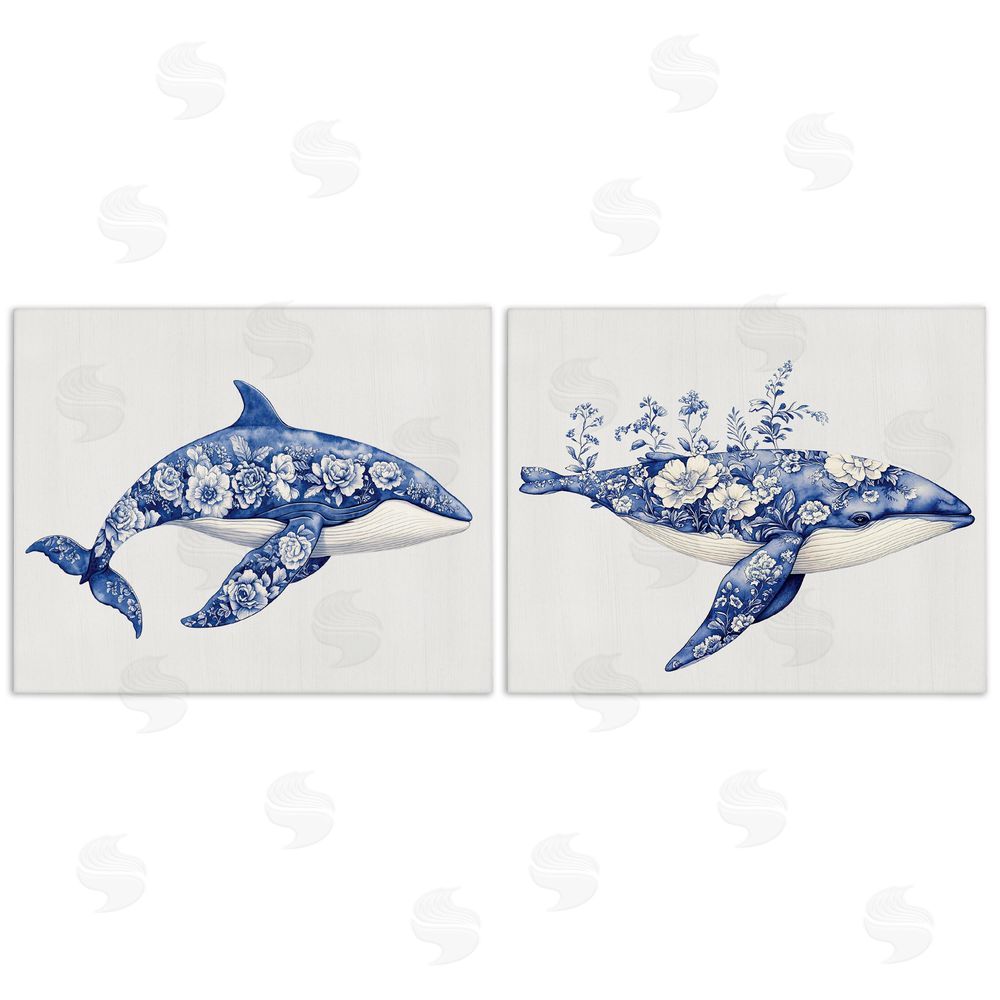 Lettered and Lined Blooming Toile Pattern Whales Stretched Canvas Wall Art Print