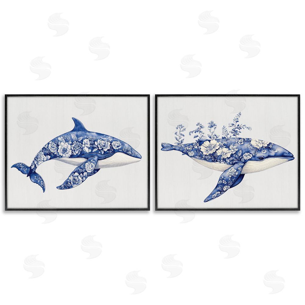 Lettered and Lined Blooming Toile Pattern Whales Black Framed Giclee Print Wall Art