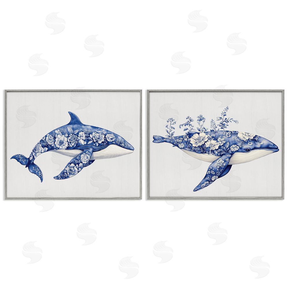 Lettered and Lined Blooming Toile Pattern Whales Gray Framed Giclee Print Wall Art