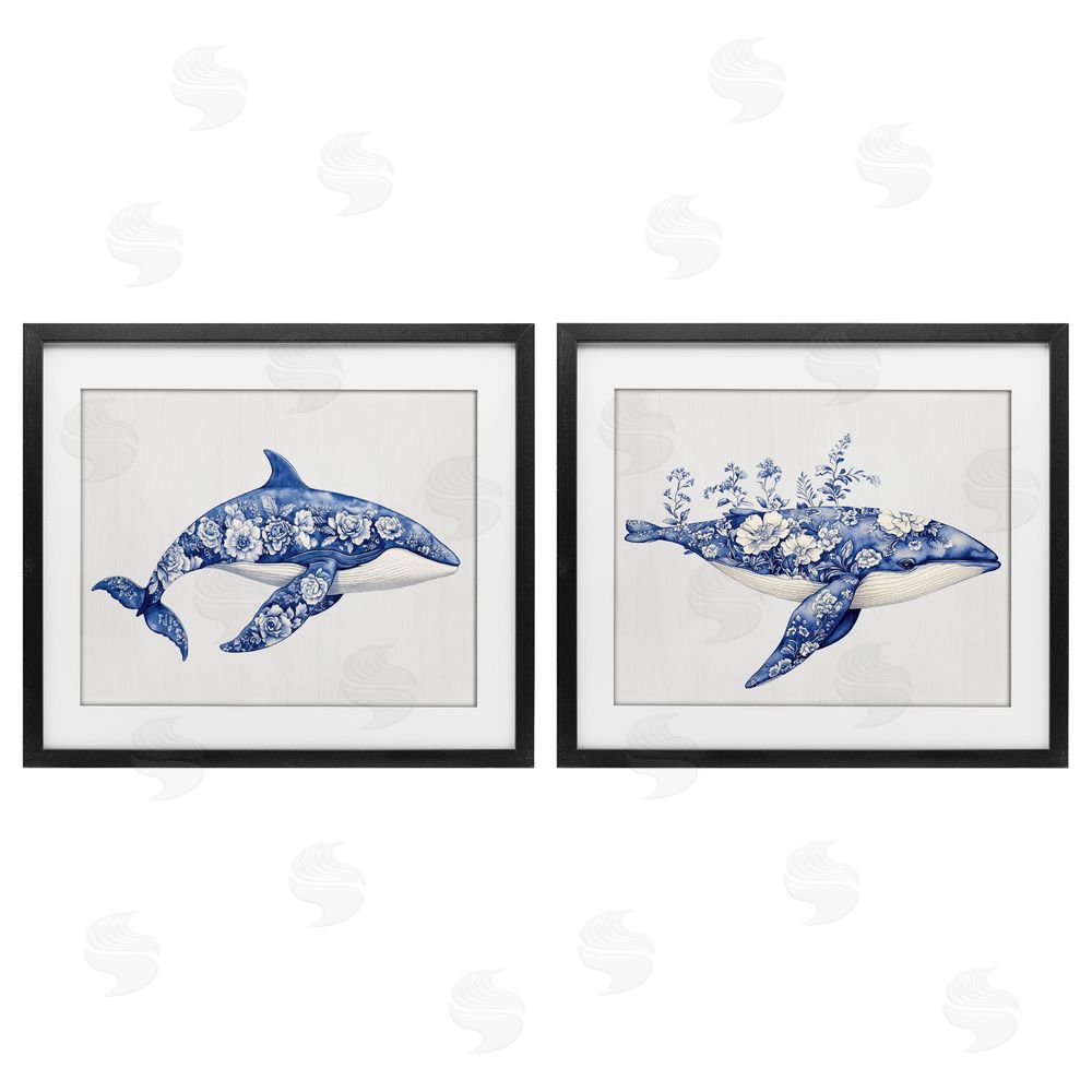Lettered and Lined Blooming Toile Pattern Whales Black Framed Print Under Glass Wall Art