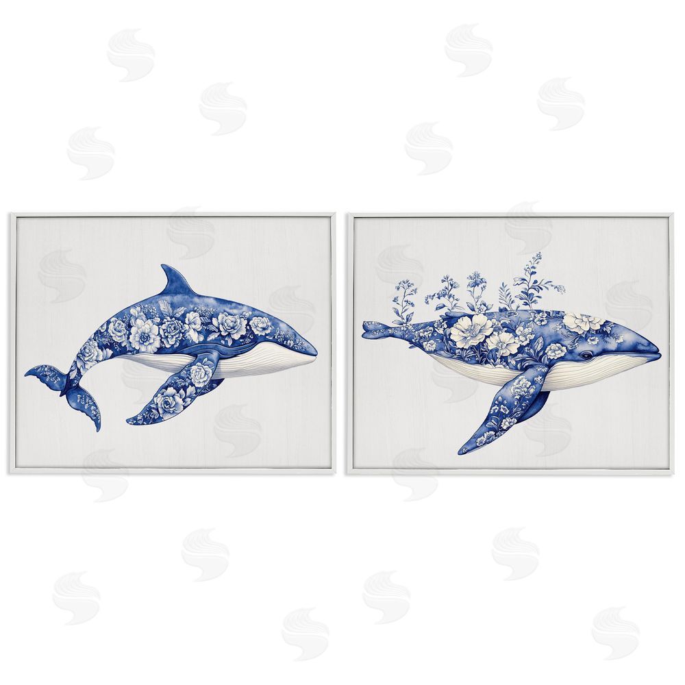 Lettered and Lined Blooming Toile Pattern Whales White Framed Giclee Print Wall Art