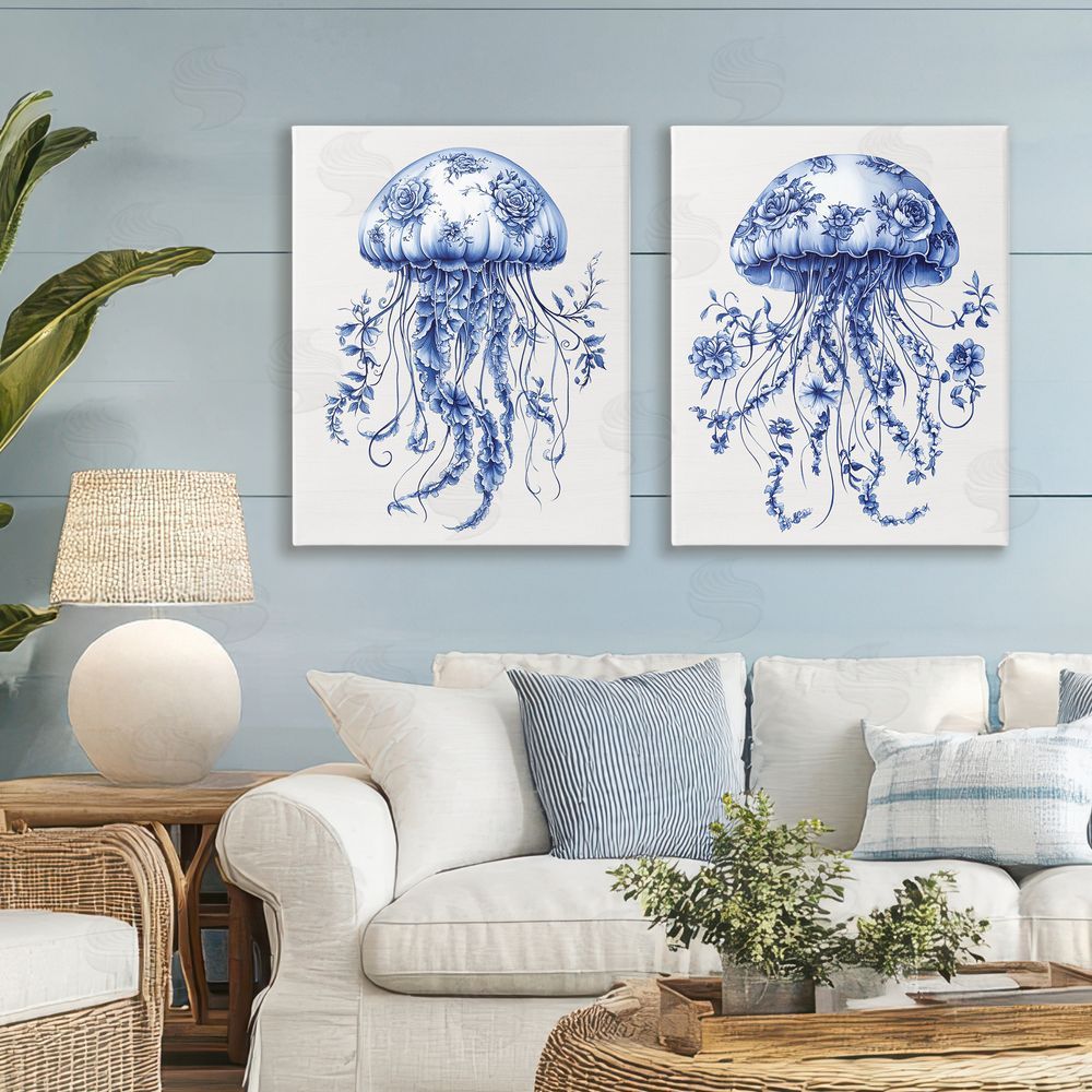 Lettered and Lined Funky Florals Toile Jellyfish Stretched Canvas Wall Art Print in Room