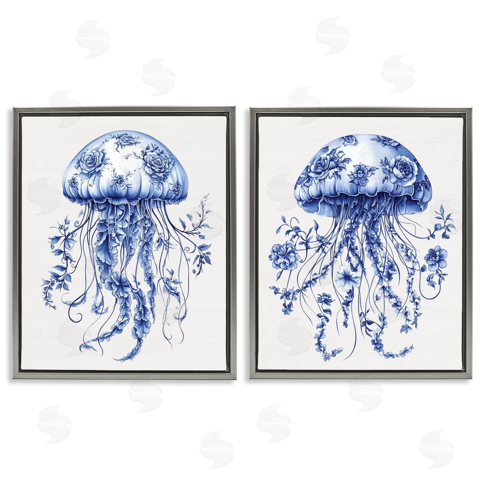 Lettered and Lined Funky Florals Toile Jellyfish Gray Floating Frame Canvas Wall Art Print