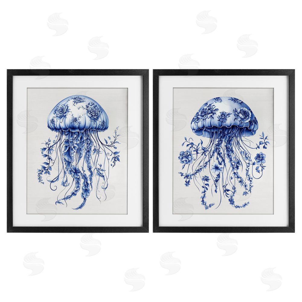 Lettered and Lined Funky Florals Toile Jellyfish Black Framed Print Under Glass Wall Art