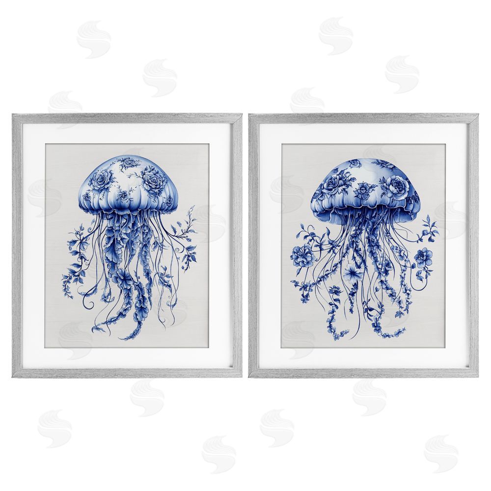 Lettered and Lined Funky Florals Toile Jellyfish Gray Framed Print Under Glass Wall Art