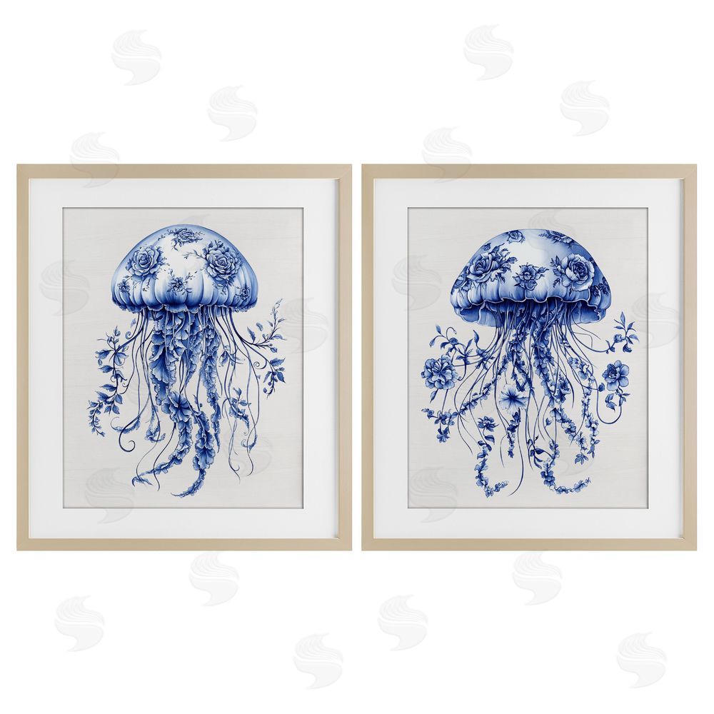 Lettered and Lined Funky Florals Toile Jellyfish Brown Framed Print Under Glass Wall Art