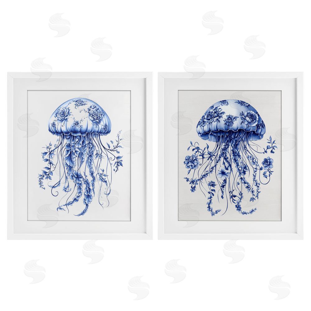 Lettered and Lined Funky Florals Toile Jellyfish White Framed Print Under Glass Wall Art