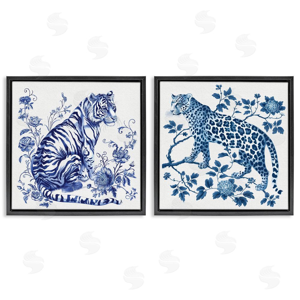 Lettered and Lined Ornate & Detailed Large Cats Black Floating Frame Canvas Wall Art Print