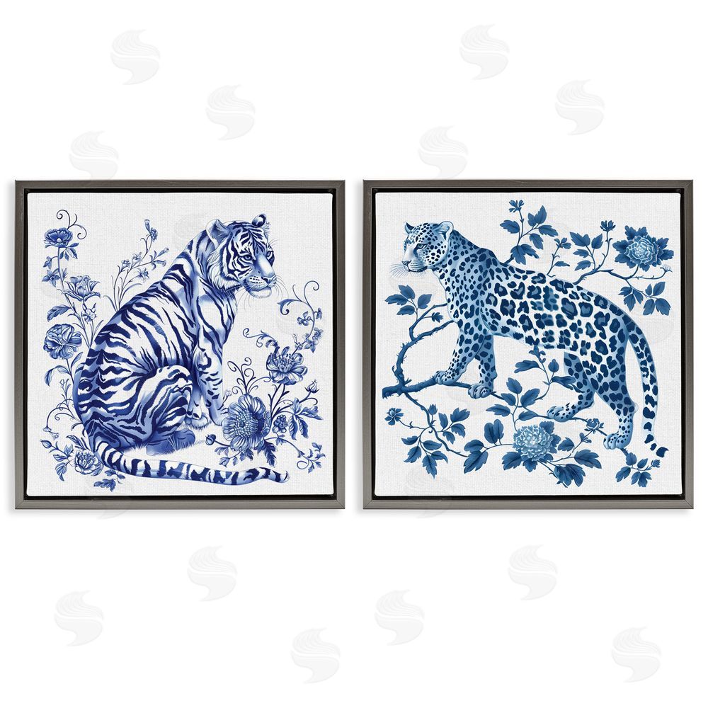 Lettered and Lined Ornate & Detailed Large Cats Gray Floating Frame Canvas Wall Art Print