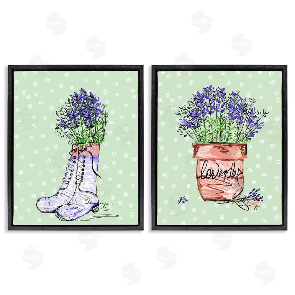 Susan Lugar Lavender Herbs Boots & Pot Black Floating Frame Canvas Wall Art Set