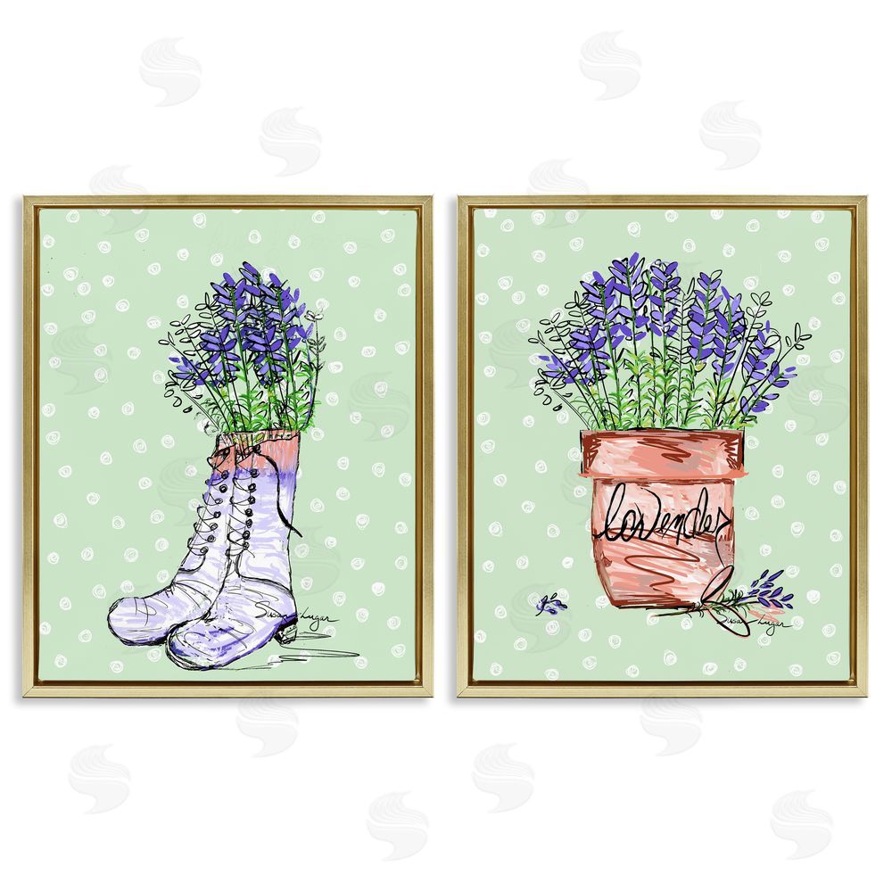 Susan Lugar Lavender Herbs Boots & Pot Gold Floating Frame Canvas Art Set
