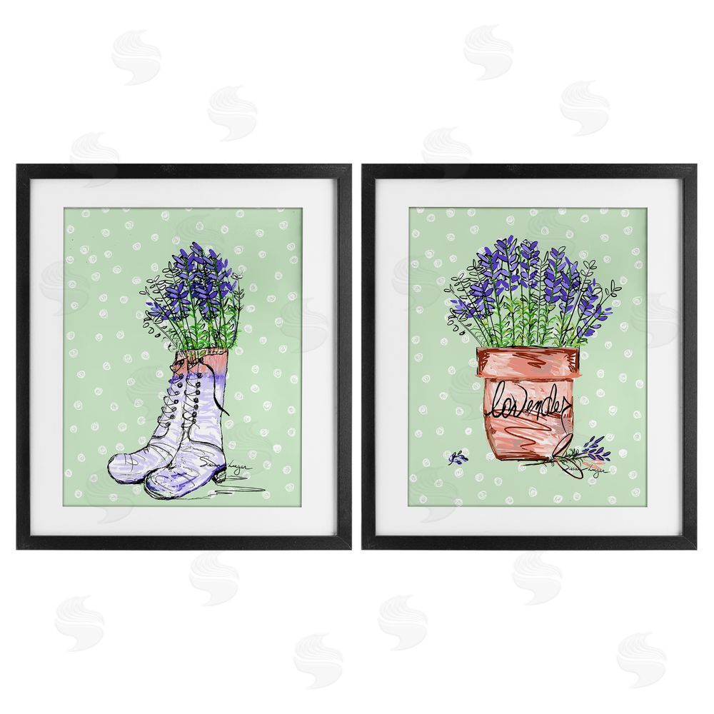 Susan Lugar Lavender Herbs Boots & Pot Black Framed Print Under Glass Set