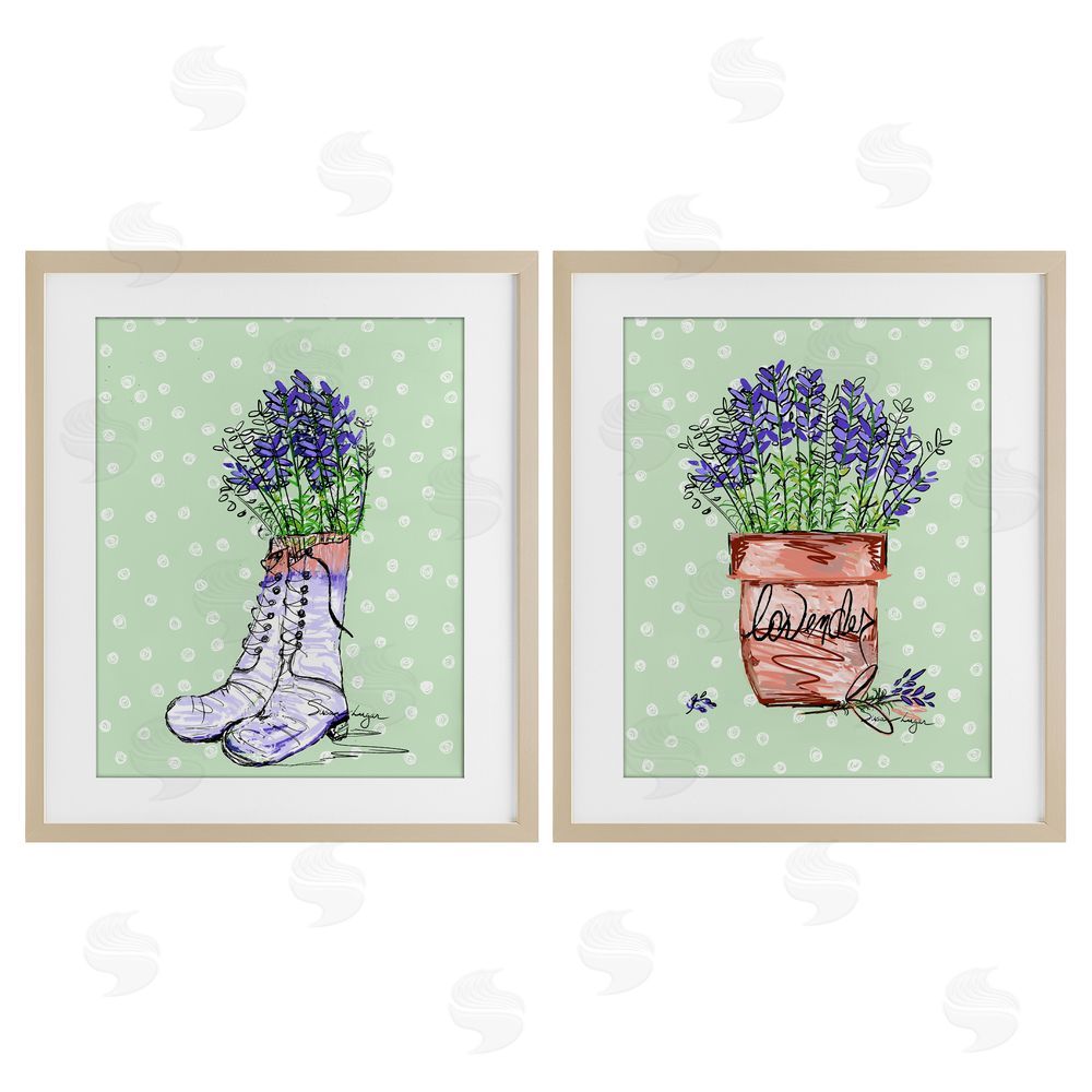 Susan Lugar Lavender Herbs Boots & Pot Birch Framed Print Under Glass Set