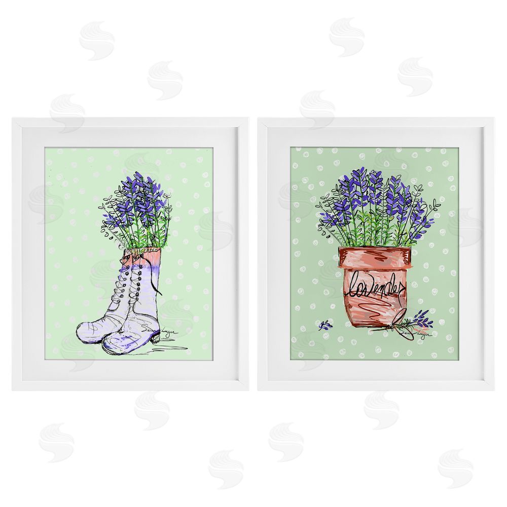 Susan Lugar Lavender Herbs Boots & Pot White Framed Print Under Glass Set