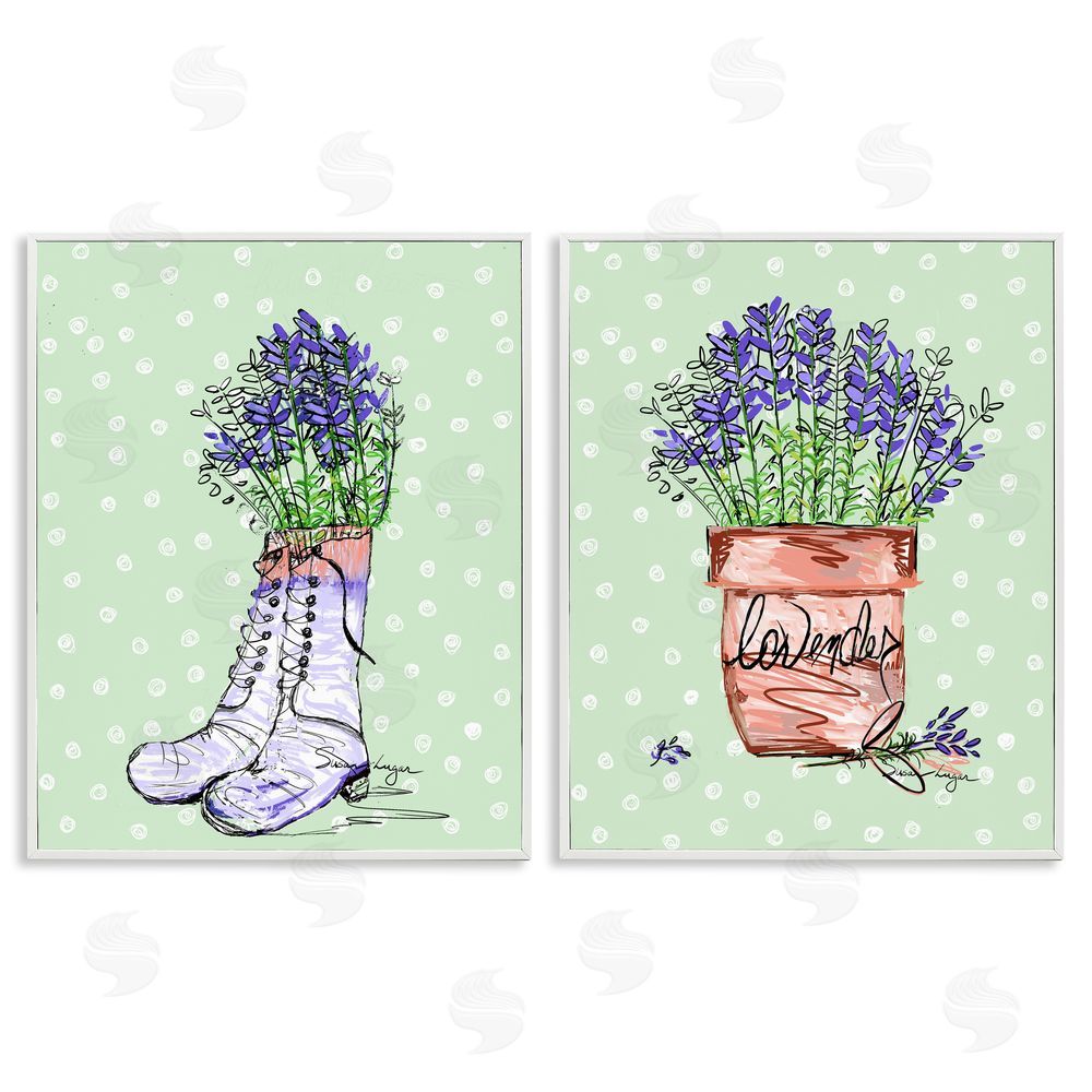 Susan Lugar Lavender Herbs Boots & Pot White Frame Giclee Art Set