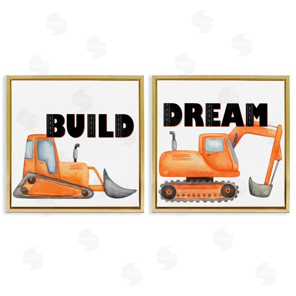 Kim Allen Build & Dream Construction Vehicles Gold Floating Frame Canvas Wall Art Print