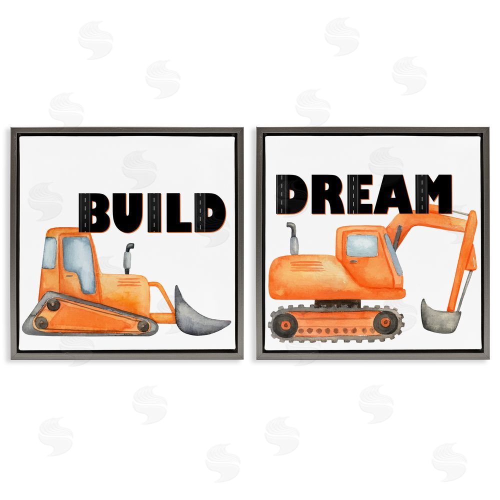 Kim Allen Build & Dream Construction Vehicles Gray Floating Frame Canvas Wall Art Print