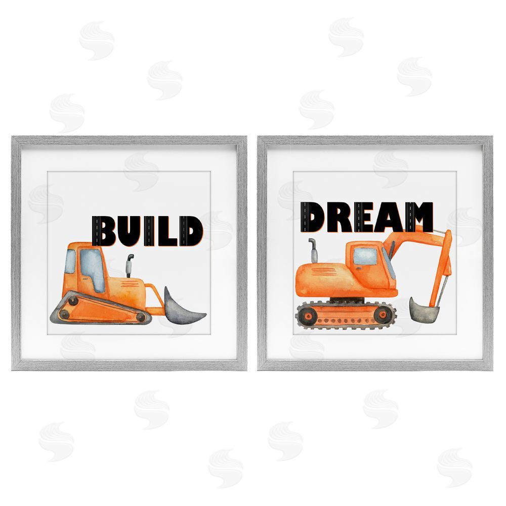Kim Allen Build & Dream Construction Vehicles Gray Framed Print Under Glass Wall Art