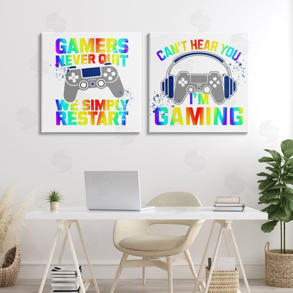 Kim Allen Rainbow Retro Gaming Phrases Stretched Canvas Wall Art Print in Room