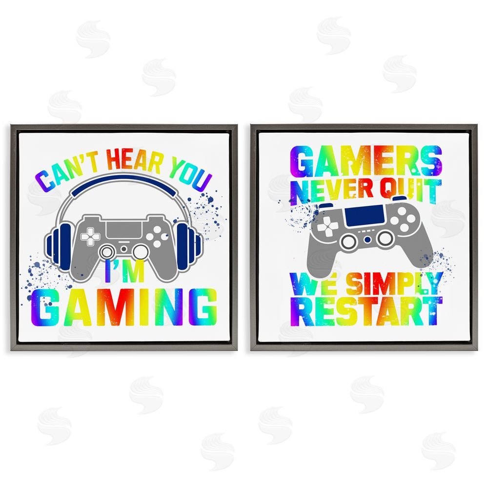 Kim Allen Rainbow Retro Gaming Phrases Gray Floating Frame Canvas Wall Art Print