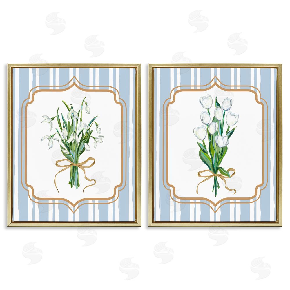 Adonna Ebrahimi White Flowers Classic Stripes Gold Floating Frame Canvas Wall Art Print