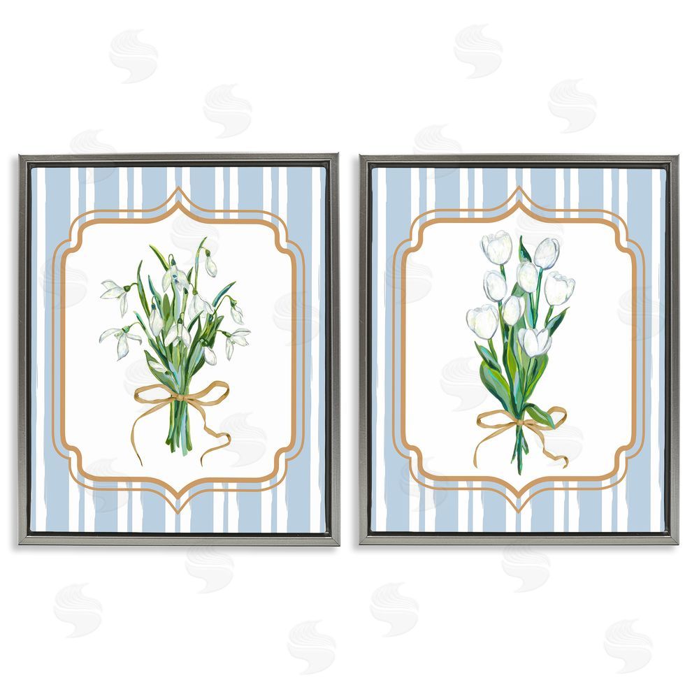 Adonna Ebrahimi White Flowers Classic Stripes Gray Floating Frame Canvas Wall Art Print