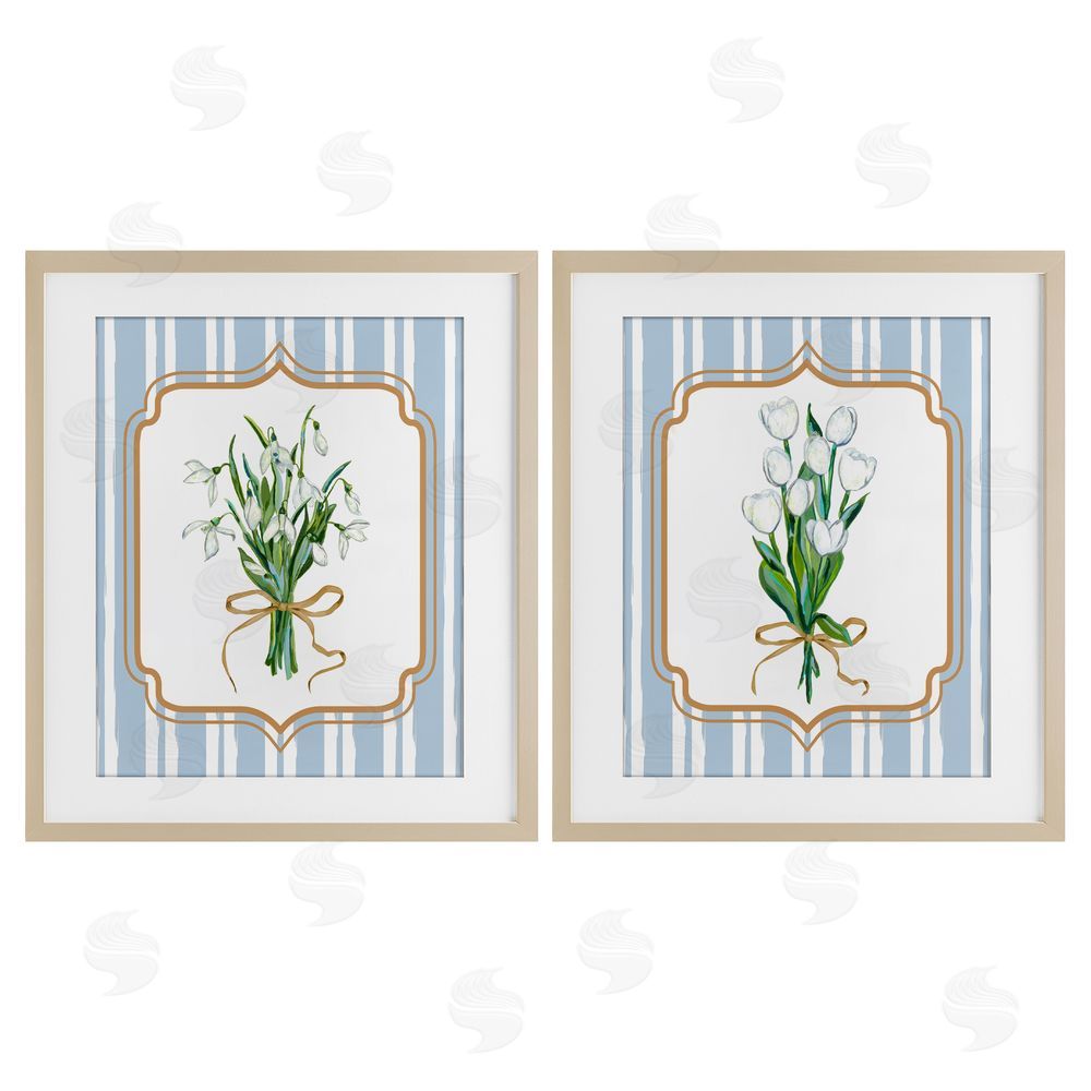 Adonna Ebrahimi White Flowers Classic Stripes Brown Framed Print Under Glass Wall Art
