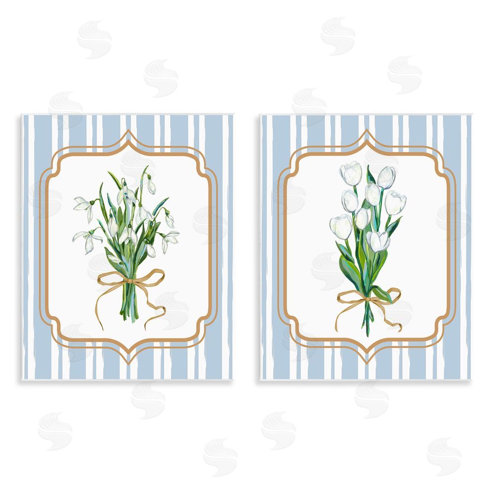 Adonna Ebrahimi White Flowers Classic Stripes Wooden Wall Plaque Art Print