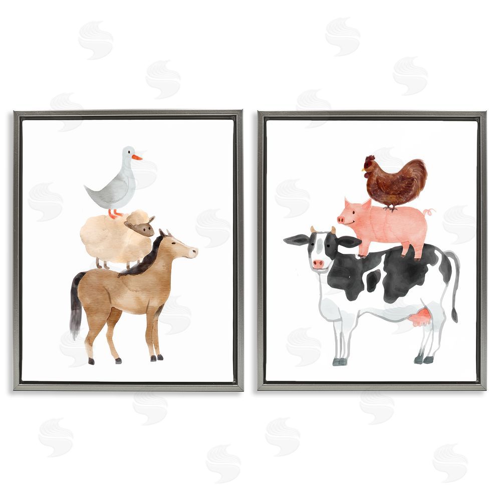 Kim Allen Whimsical Farm Life Stacks Gray Floating Frame Canvas Wall Art Print
