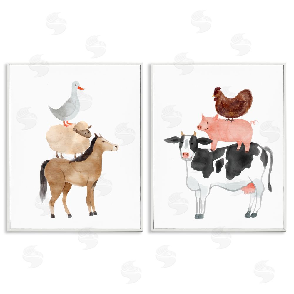 Kim Allen Whimsical Farm Life Stacks White Framed Giclee Wall Art Print