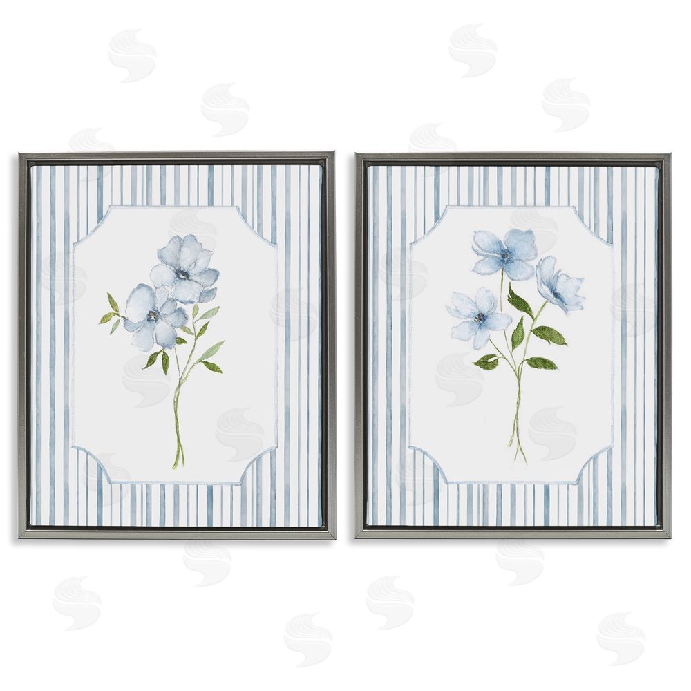 Tava Studios Blue Blooms & Stripes Gray Floating Frame Canvas Wall Art Print