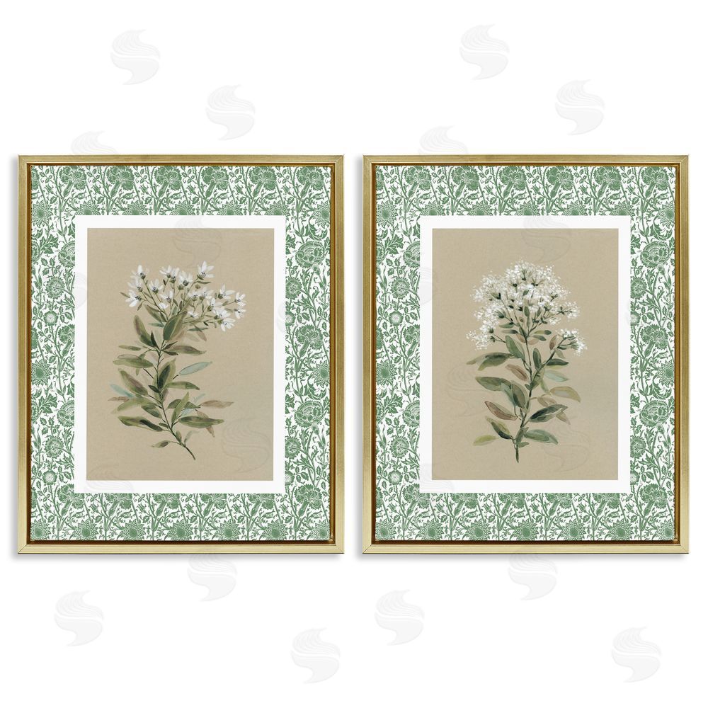 Carol Robinson Green Botanical Patterned Florals Gold Floating Frame Canvas Wall Art Print