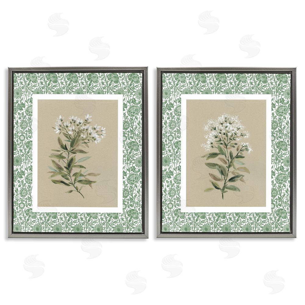Carol Robinson Green Botanical Patterned Florals Gray Floating Frame Canvas Wall Art Print