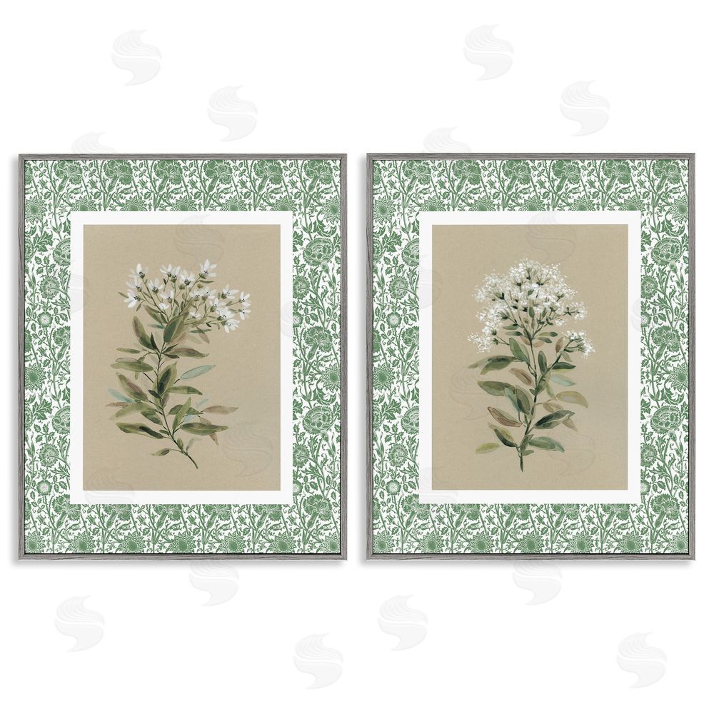 Carol Robinson Green Botanical Patterned Florals Gray Framed Giclee Wall Art Print