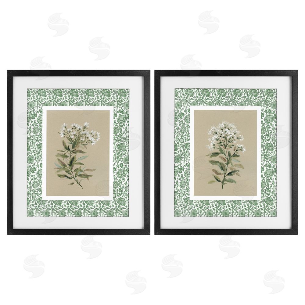 Carol Robinson Green Botanical Patterned Florals Black Framed Print Under Glass Wall Art