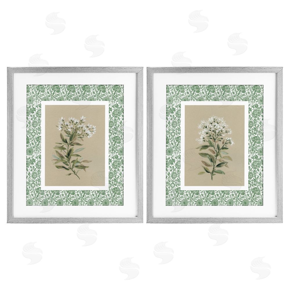Carol Robinson Green Botanical Patterned Florals Gray Framed Print Under Glass Wall Art