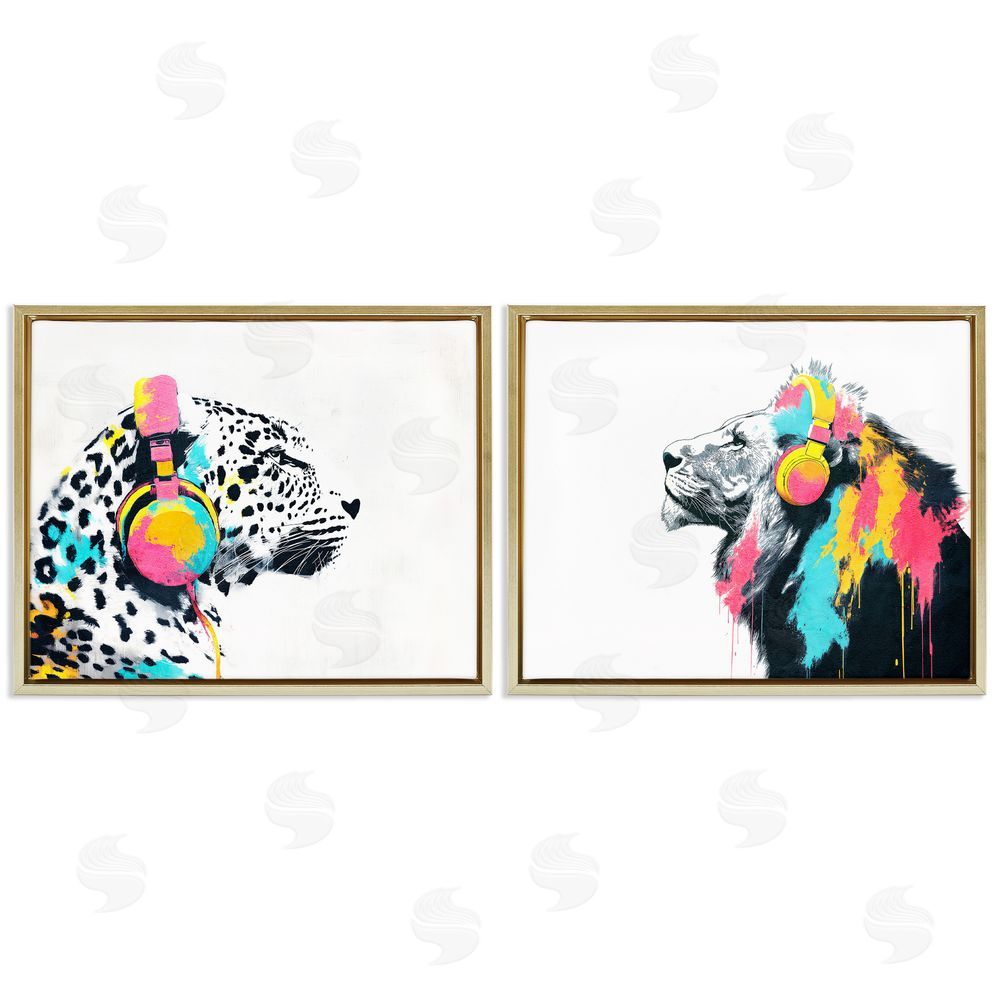 Svetlana Aleynikova Leopard and Lion On Air Gold Floating Frame Canvas Wall Art Print
