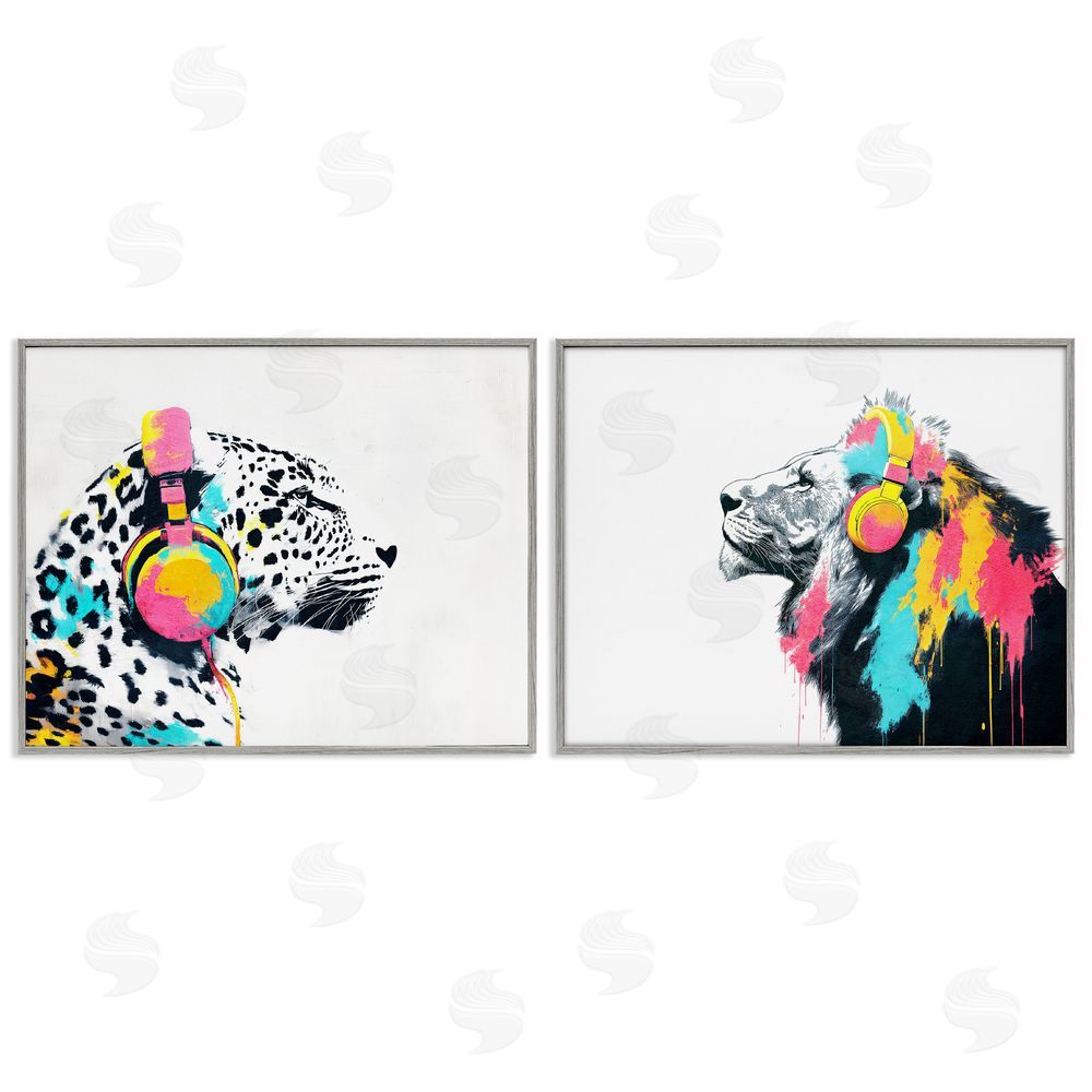 Svetlana Aleynikova Leopard and Lion On Air Gray Framed Giclee Wall Art Print