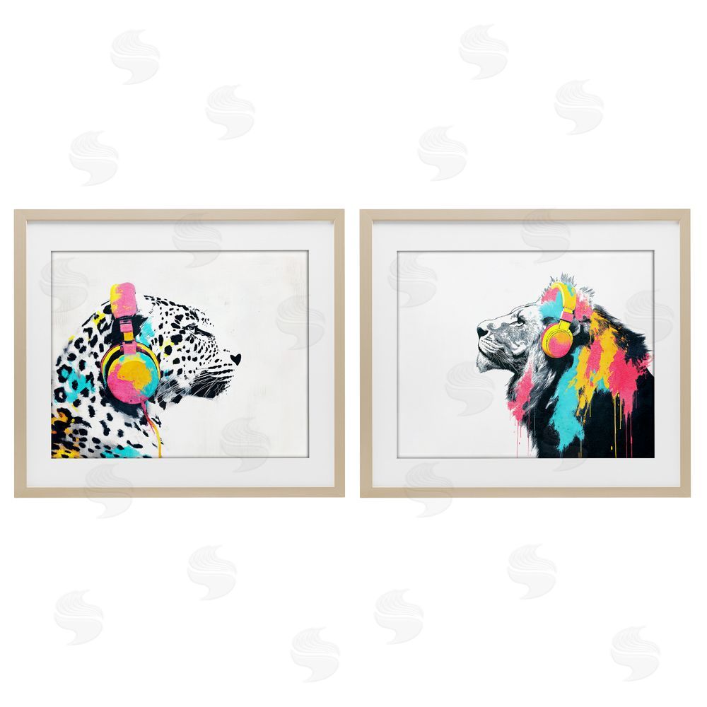 Svetlana Aleynikova Leopard and Lion On Air Birch Framed Print Under Glass Wall Art