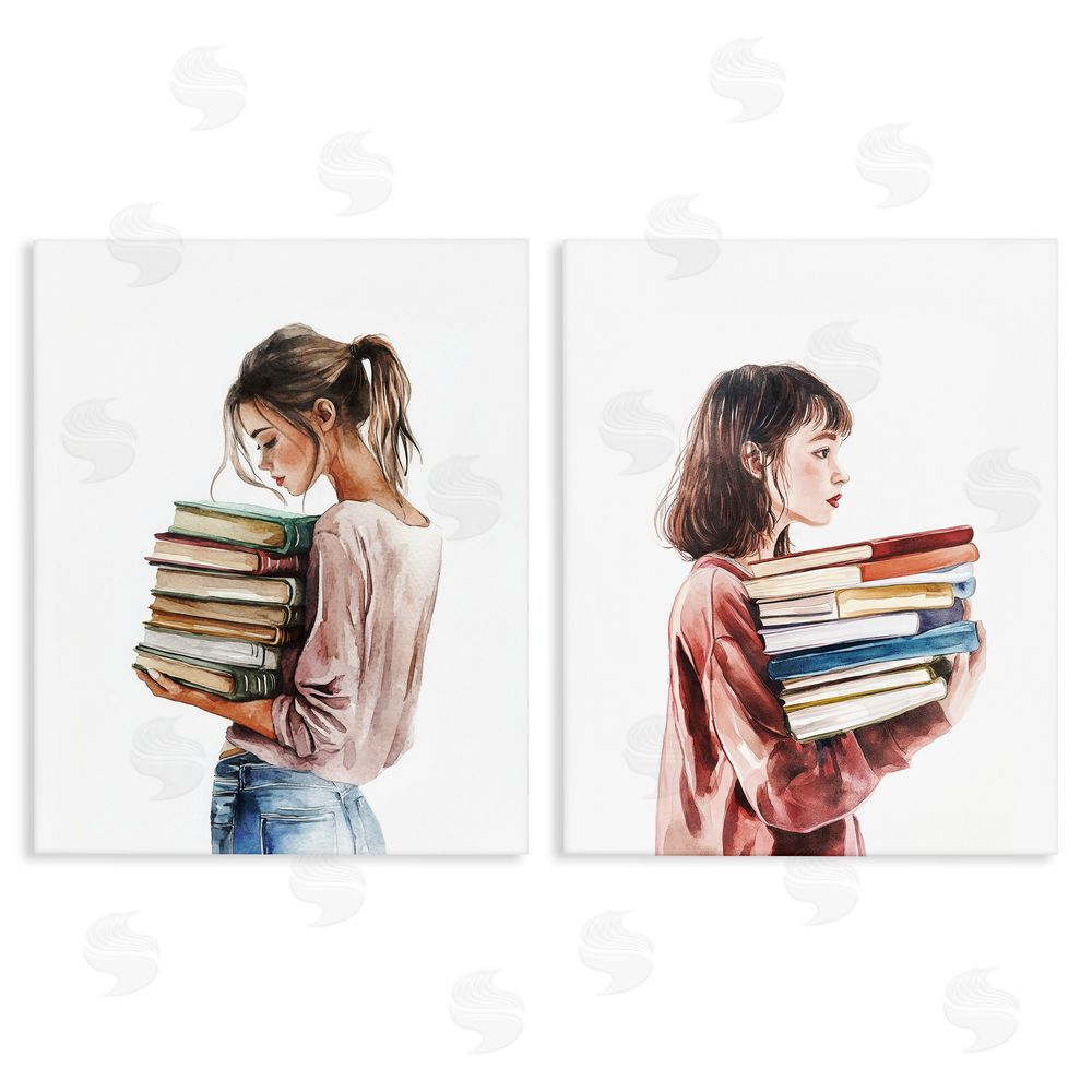 Svetlana Aleynikova Girls & Library Book Stacks Stretched Canvas Wall Art Print